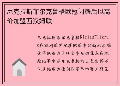 尼克拉斯菲尔克鲁格欧冠闪耀后以高价加盟西汉姆联