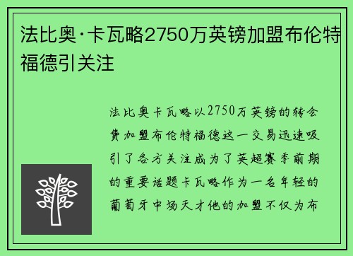法比奥·卡瓦略2750万英镑加盟布伦特福德引关注